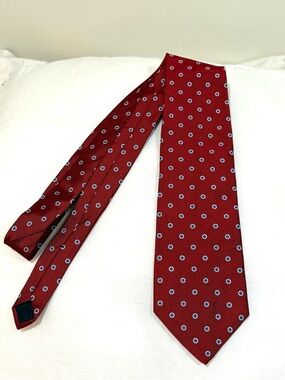 Brooks Red Silk Tie with Blue and White Dot Pattern